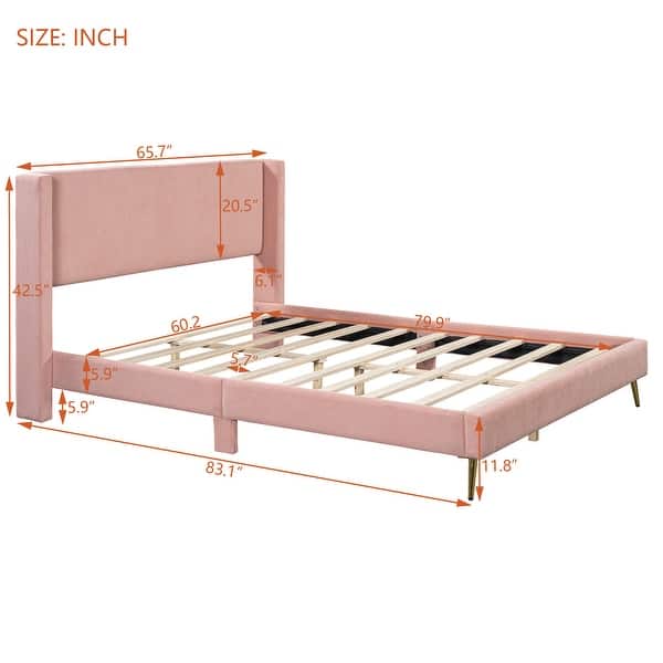 dimension image slide 0 of 3, Queen Size Corduroy Upholstered Platform Bed with Wingback Headboard
