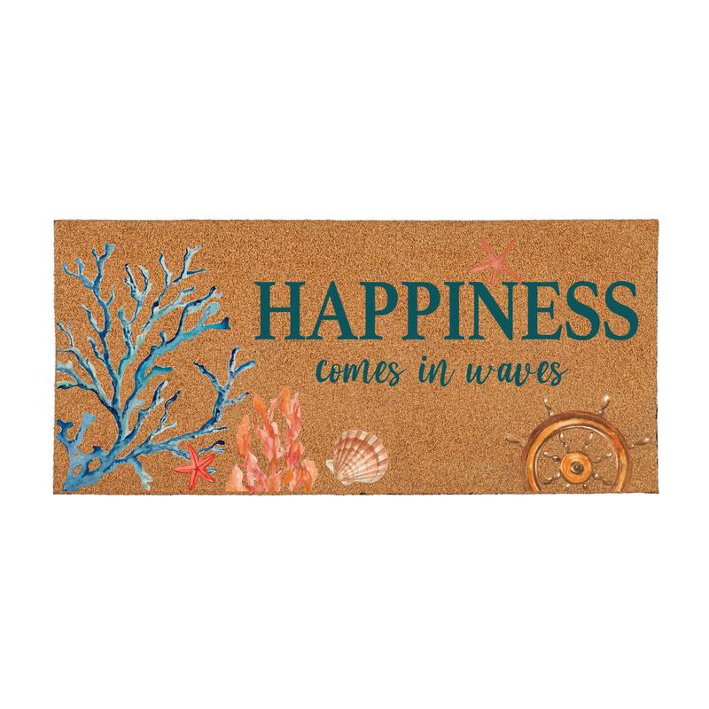 Happiness Comes in Waves Flocked Coir Sassafras Switch Mat 22"x10" - 22" x 10"