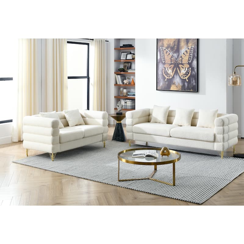 American Style 2-piece Sofa and Loveseat Set,Oversized Fabric Upholstered Sofa with 5 Pillows for Living Room Sofa-Deep Seating - White