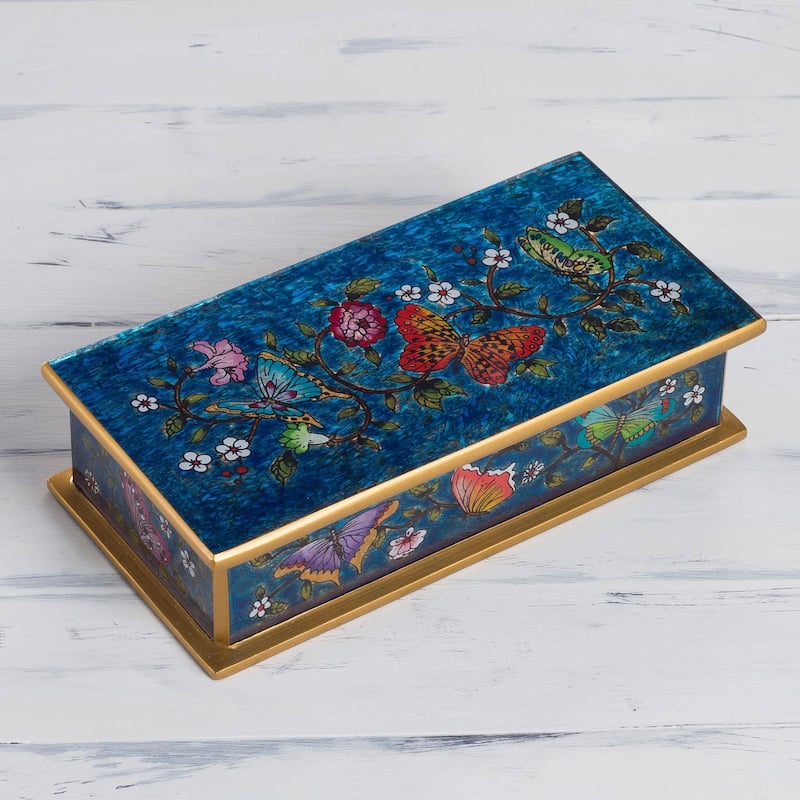 Handmade Butterfly Jubilee In Cyan Reverse Painted Glass Decorative Box (Peru) - 2" H x 7.75" W x 3.9" D
