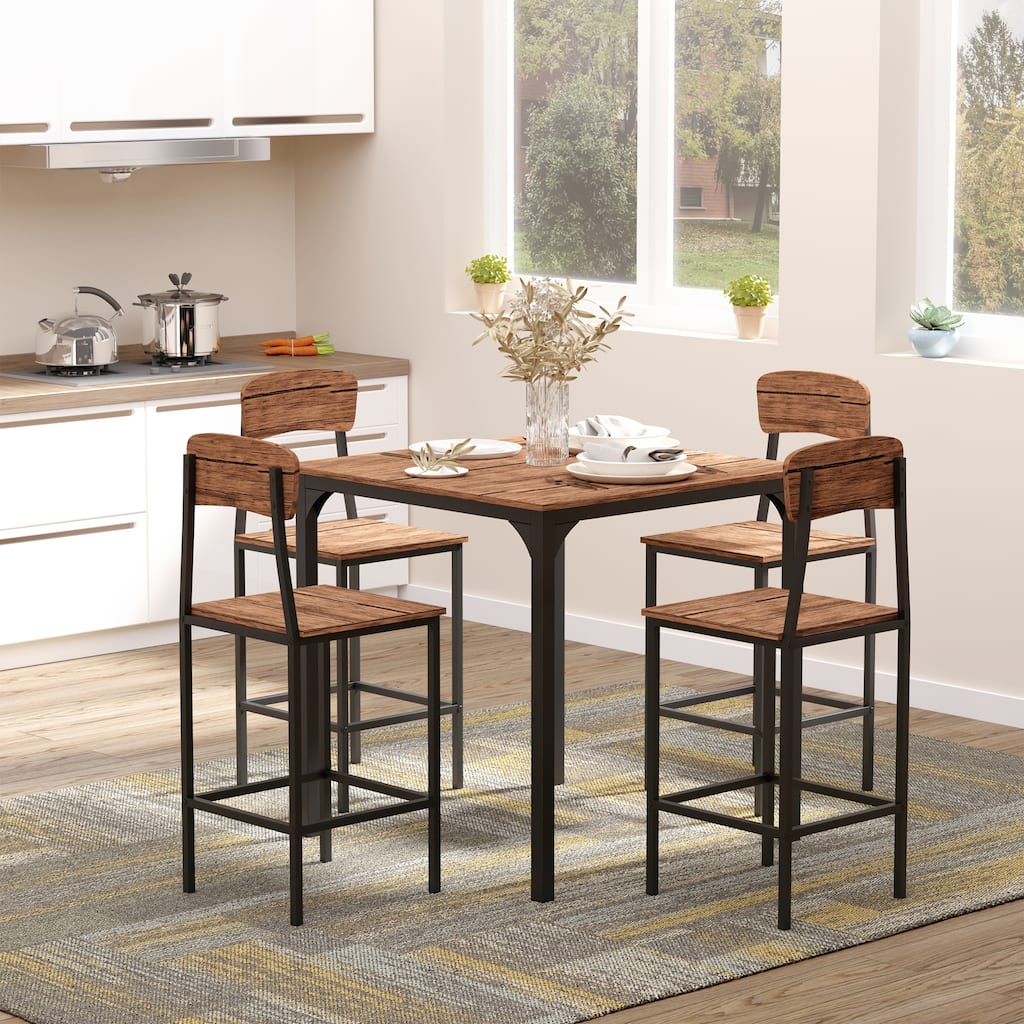 Industrial 5-Piece Bar Table Set with Pub Table and 4 Bar Stools, Walnut Bistro Table Set with Steel Legs