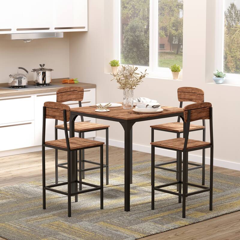 Industrial 5-Piece Bar Table Set with Pub Table and 4 Bar Stools, Walnut Bistro Table Set with Steel Legs - Walnut