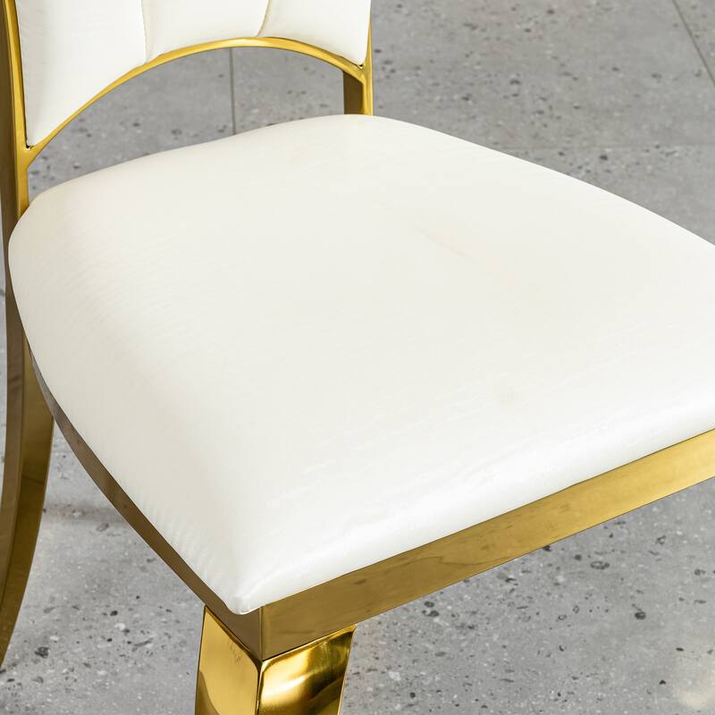 Dining Chair Set (2pcs) - Gold Stainless Steel Legs, White PU Leather