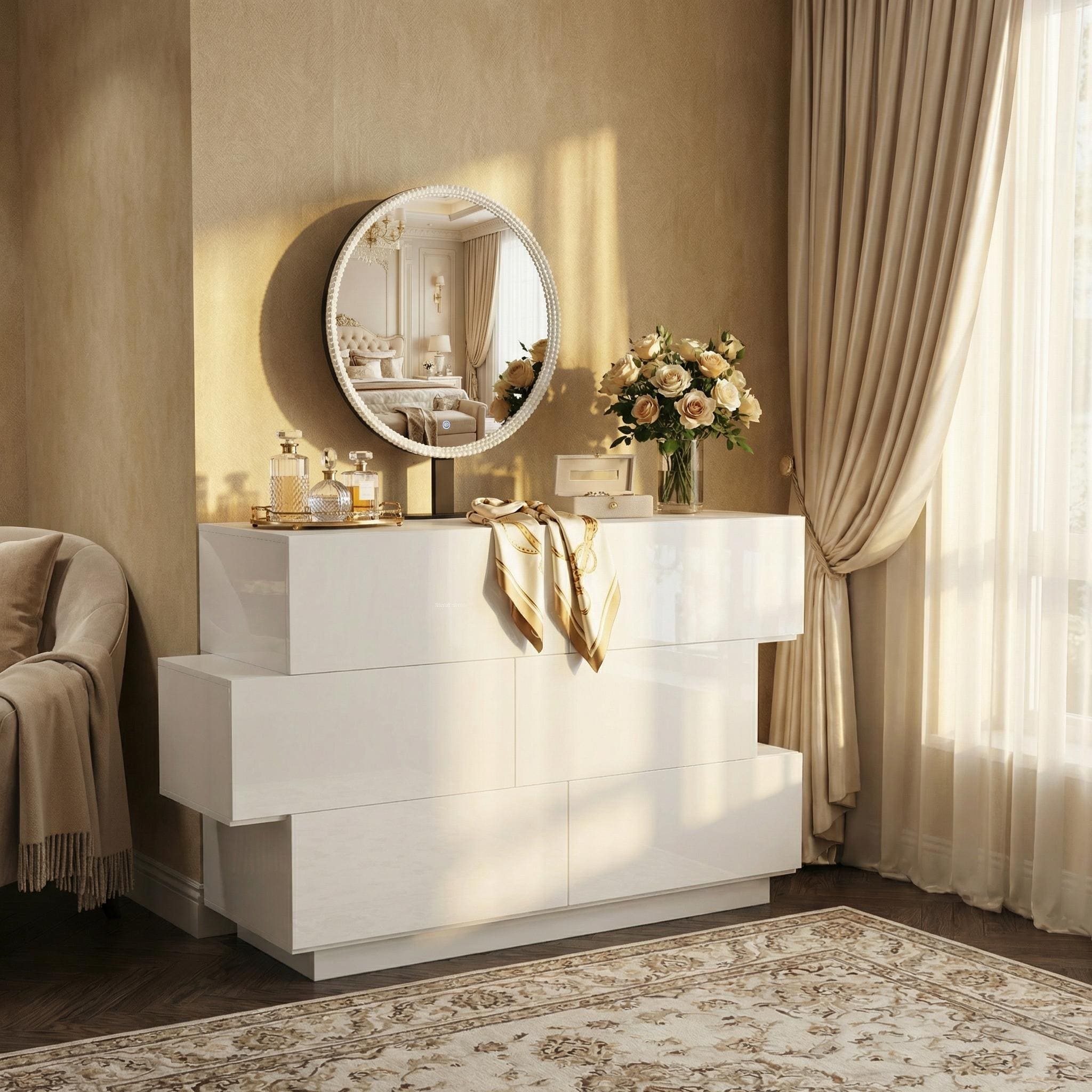 Modern Dresser with LED Mirror, 3-Color Dimmable Light Vanity Set, Adjustable Mirror Angle, 6 Drawer Storage Cabinet