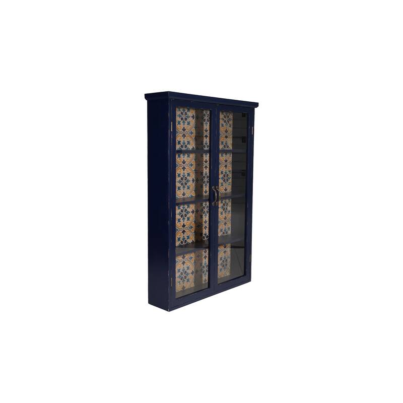 Wood and Glass Cabinet with 4 Shelves and Patterned Paper Back, Distressed Blue and Multicolor - 31.9"L x 8.6"W x 48.0"H