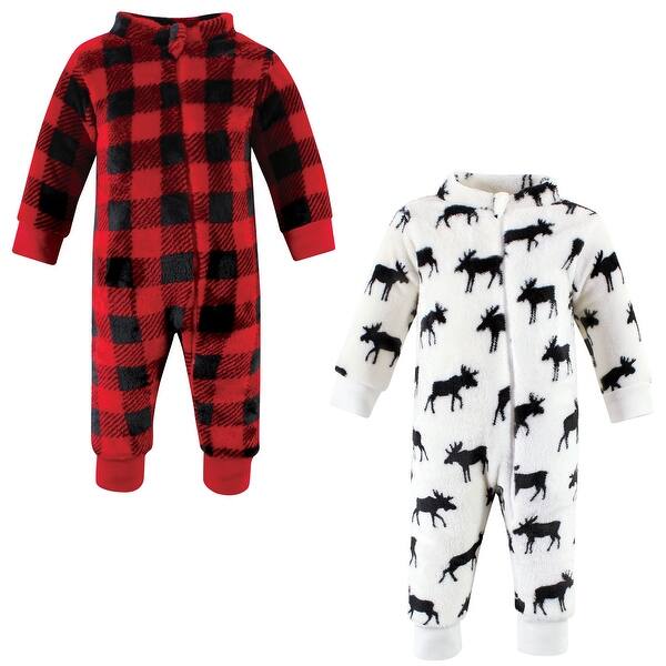slide 1 of 1, Hudson Baby Infant Boy Plush Jumpsuits, Black Moose 6-9 Months - Moose Zipper