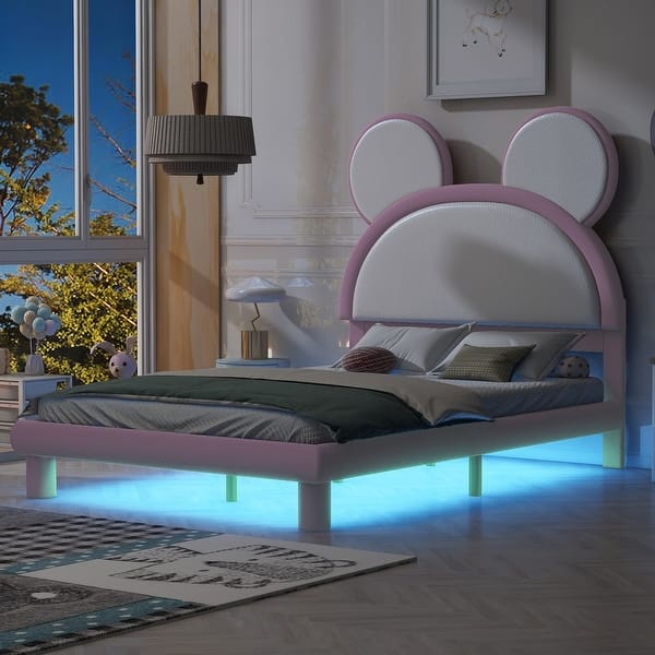 slide 2 of 11, Full Platform Kids Bed with LED Lights & Cartoon Ears Headboard, White&Pink White&Pink