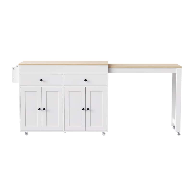 4 Door Kitchen Island Cart with Extendable Dining Table, Rolling Kitchen Island on Wheels with Spice Rack and 2 Drawers