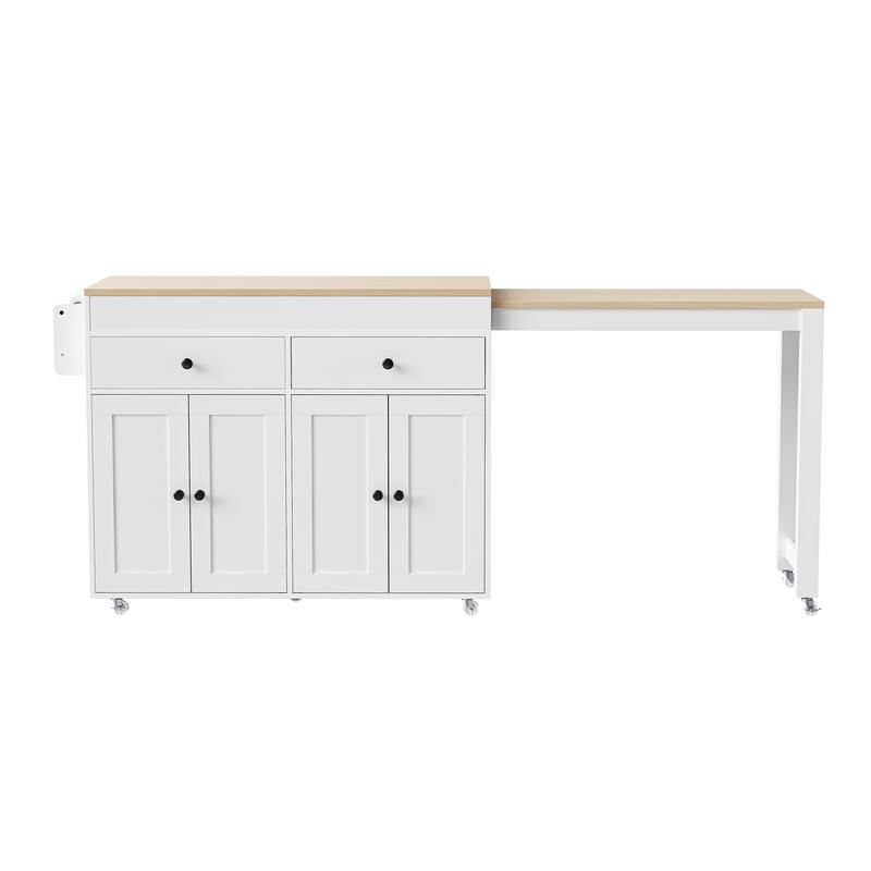 Kitchen Island with Extendable Dining Table, Rolling Island Cart on Locking Wheels, Breakfast Bar with 2 Drawers & 4 Door
