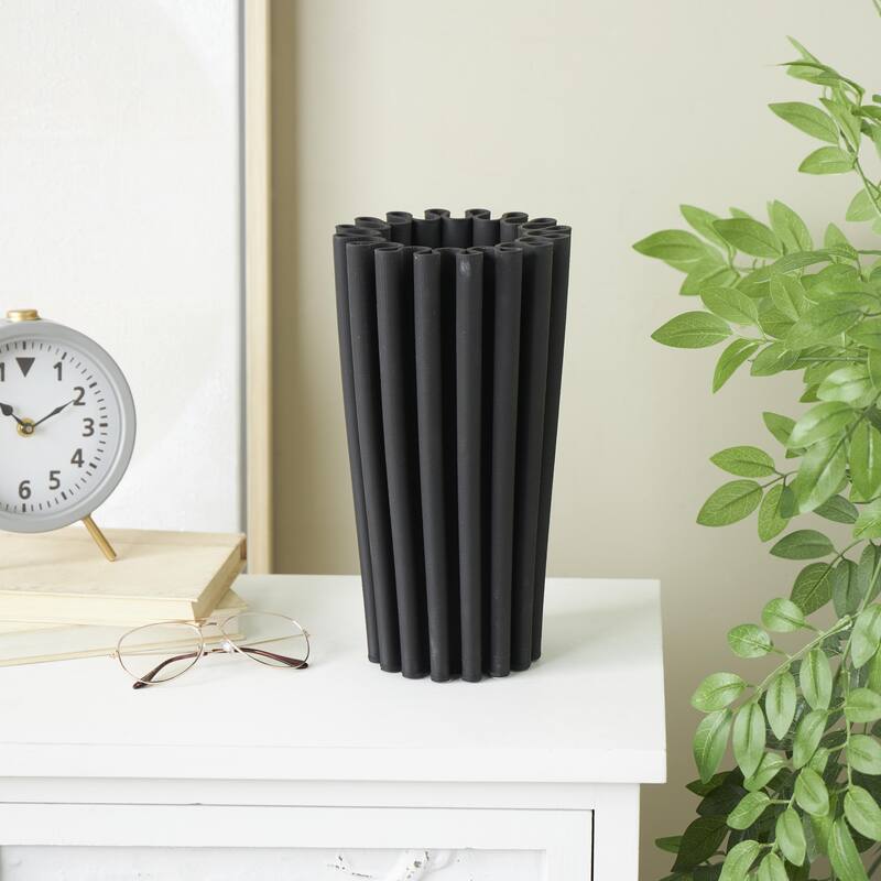 Ceramic Abstract Dimensional Ribbed Decorative Vase with Cylindrical Ridges - Black - Roche River Decor