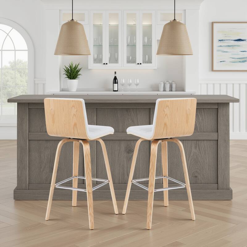 Skara Swivel Bar Stool, Upholstered Bar Height Chair with Bentwood Frame - White Faux Leather & Oak - Set of 2
