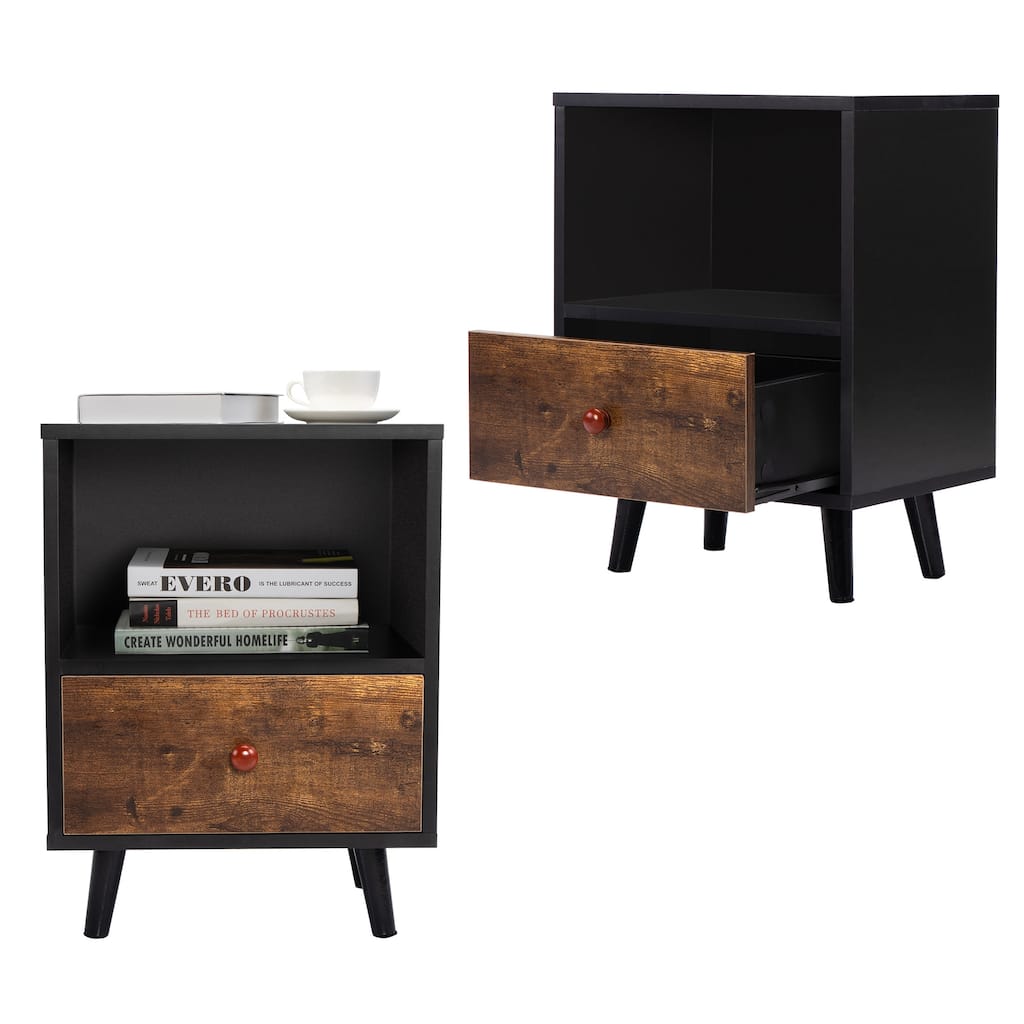 Set of 2 Bedside Cupboard End Table with Shelf 1 Drawer