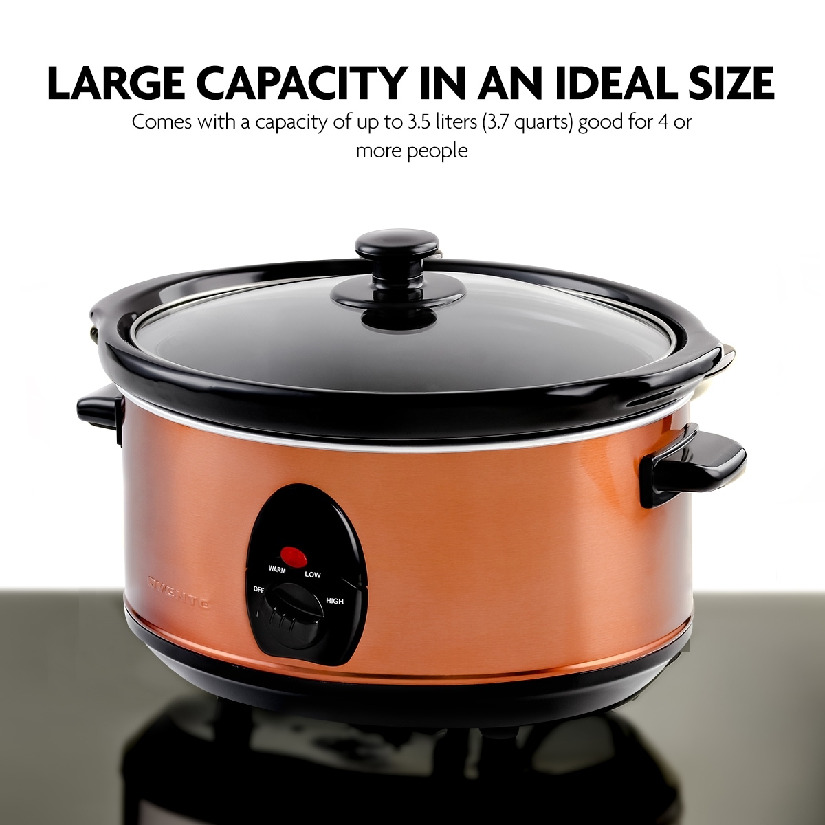 Portable 3.7 Quart Temperature Controlled Removable Stoneware Slow Cooker 3  Cooking Setting, Tempered Glass, Stew, Rice, Noodle, Copper SLO35ACO