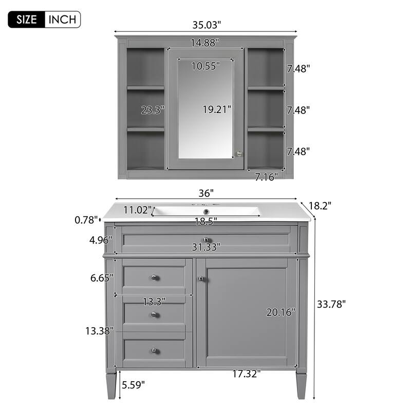 GDFStudio - Carramore Modern Bathroom Vanity Set with Ceramic Sink, Medicine Cabinet, 2 Soft Closing Doors & Drawers - 36'W