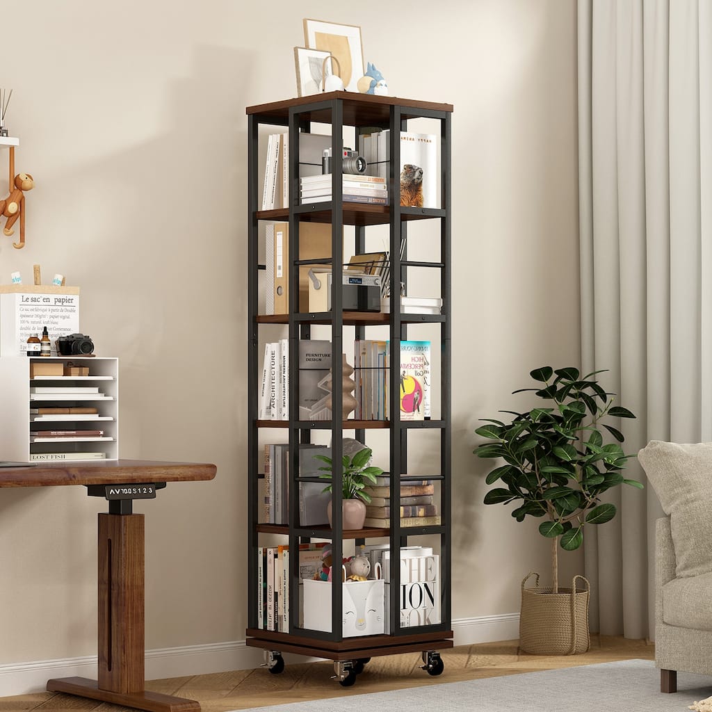 5 Tiers Rotating Bookshelf, Corner Bookcase, 360 Display Wood Spinning Bookshelves, Floor Standing Bookcase Narrow Shelf