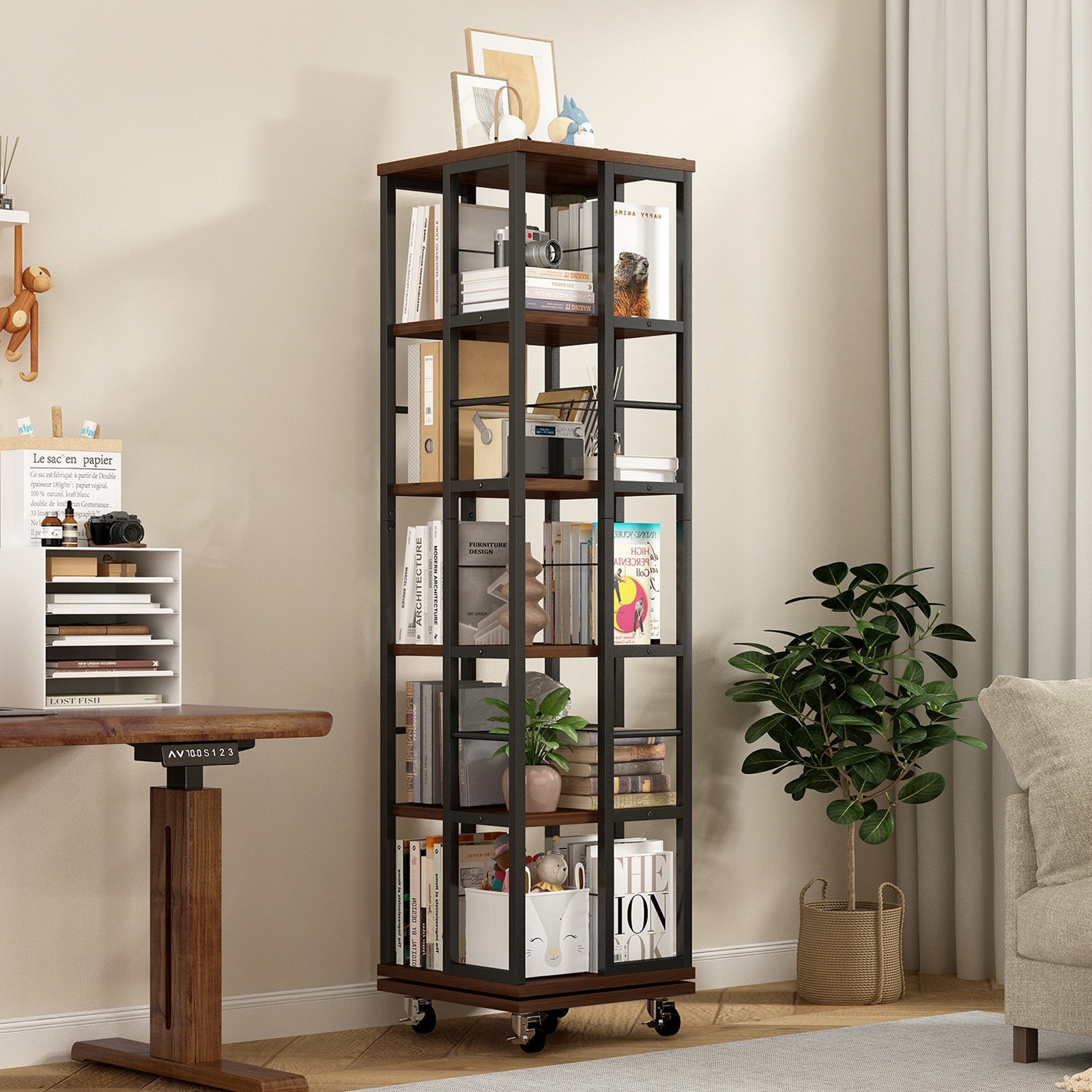 Anmytek 360 Rotating Corner Bookshelf with Wheels Space Saving Storage for Small Rooms