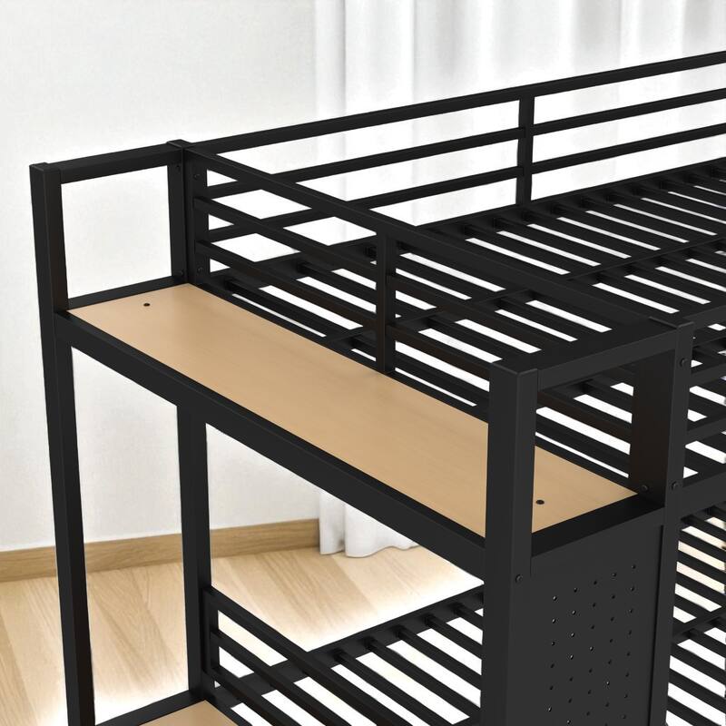 Full over Full / Queen over Queen Metal Bunk Bed with Shelves, Drawers and Pegboard Storage