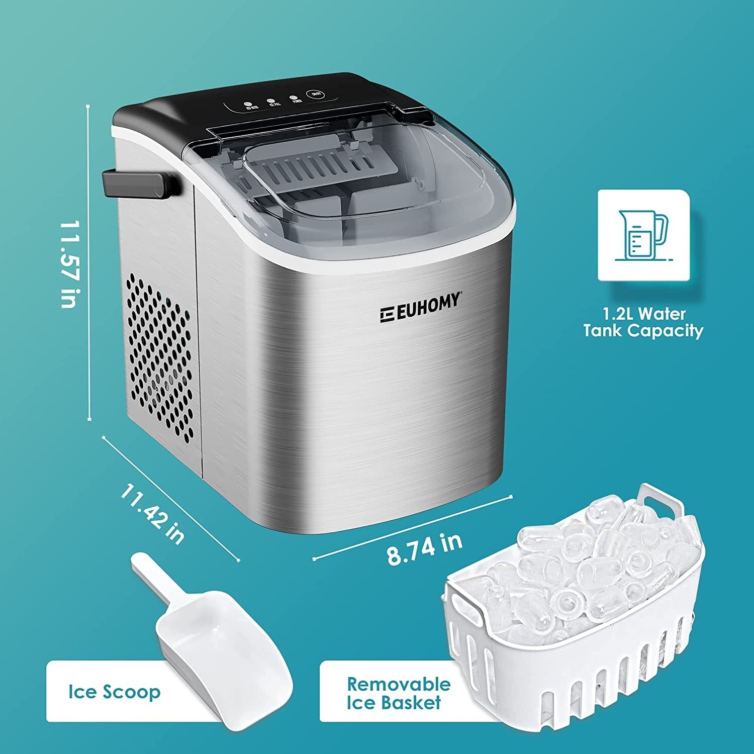 EUHOMY Portable Ice Maker with Handle: 26lbs in 24Hrs, Quick 6