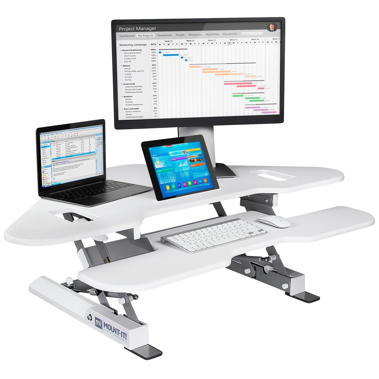 Standing desk converter with outlet retractable keyboard tray