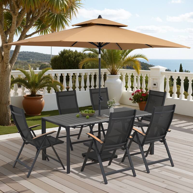 9/11-Piece Outdoor Patio Dining Set Aluminum Dining Table and Chairs w/10 ft Market Umbrella and Base with Wheels