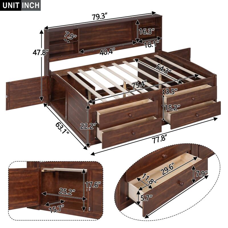 Roomfitters Full Wooden Captain Bed with Open Storage Shelves, Side Compartments and Dual Cabinets, Walnut