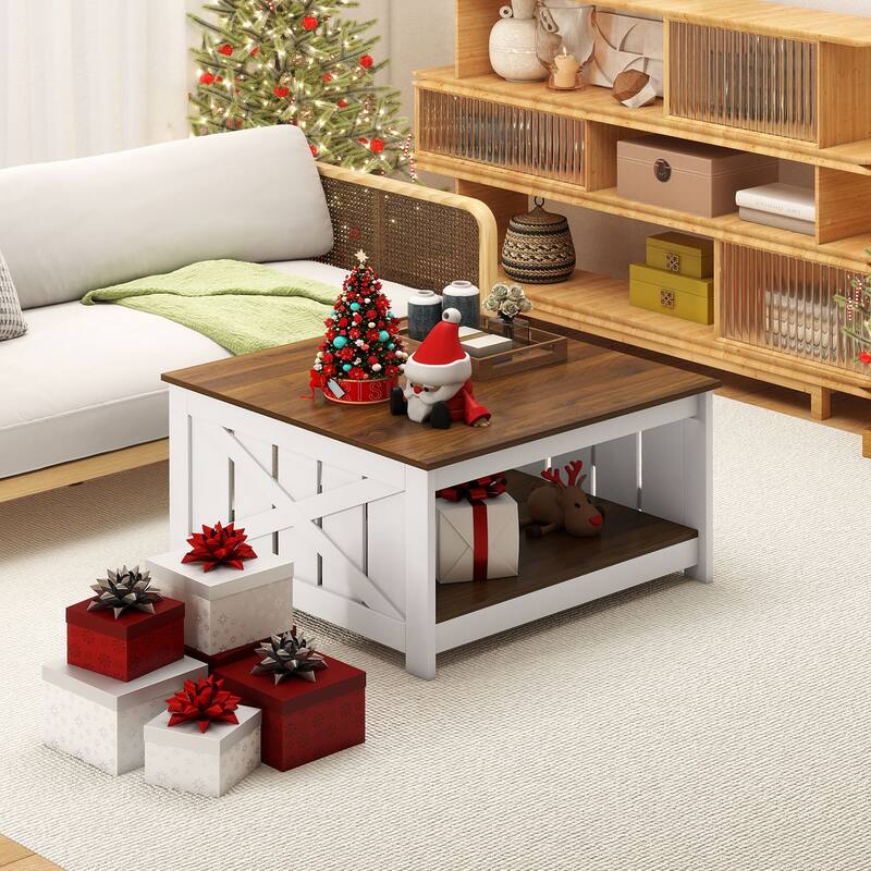 Gymax 31'' Wooden Square Coffee Table w/Storage Shelf Open Compartment - White, Brown