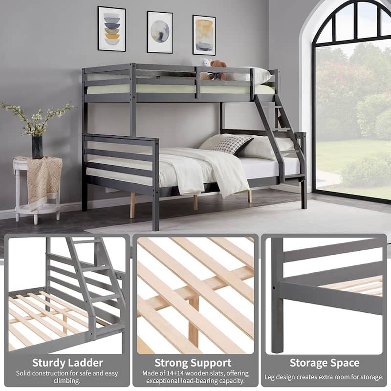 Twin Over Full Bunk Bed,Solid Wood Frame,High Guardrail,Safe for Kids