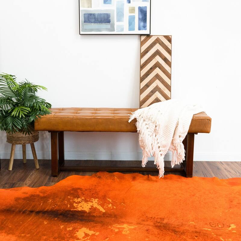 GDFStudio - Cameron Modern Mid-Century 51" Genuine Leather Bench with Solid Wood Frame for Living Room, Bedroom & Entryway