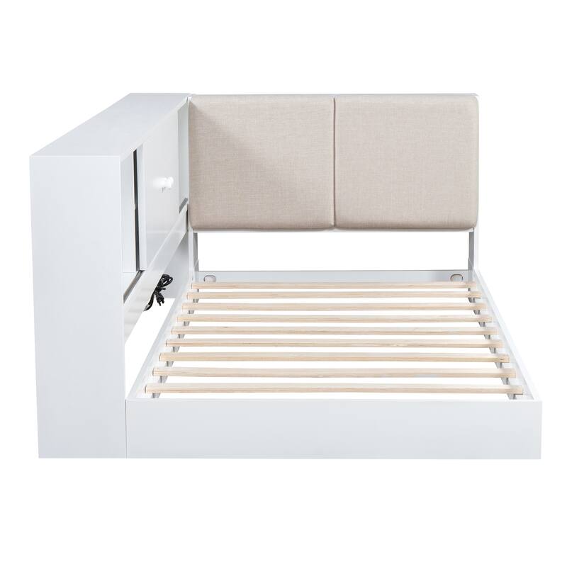 L-shaped Daybed Wooden Corner Sofa Bed Frame with Sliding Doors Bookcase Captains Bed, Upholstered Headboard Built-in Storage