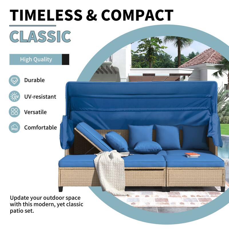 4-Piece Outdoor Wicker Patio Sofa Set with Retractable Canopy,Adjustable Table & Ottomans,UV-Resistant Cushions for Lounge
