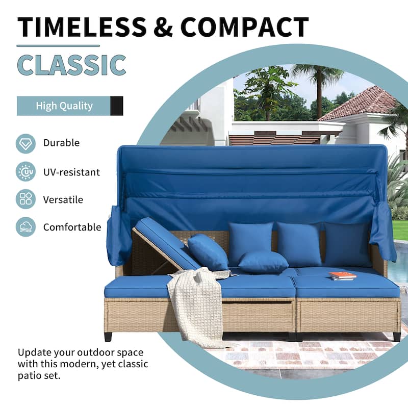 4 Piece UV-Proof Resin Wicker Patio Sofa Set with Retractable Canopy, Cushions & Lifting Table, Beige