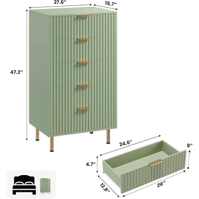 Fluted 5 Drawer Storage Dresser, Tall Chest with Deep Drawers and Wide Top, Wooden Organizer for Living Room