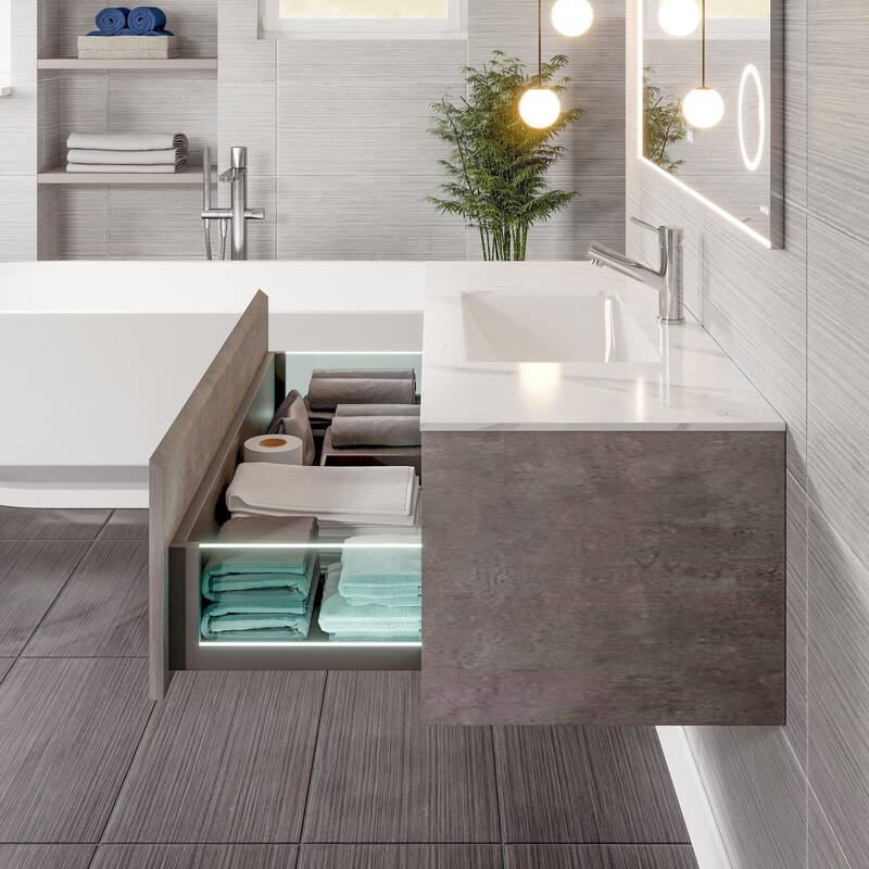 Aurora 36 in. Concrete Gray Wall Mount Single Sink Bath Vanity with Carrara Quartz Top and Undermount Porcelain Sink