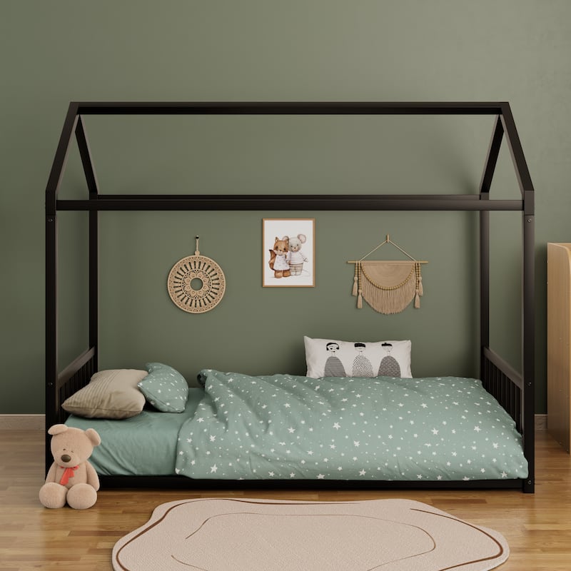 Montessori Metal House Bed with End Guardrails by Harper&Bright Designs