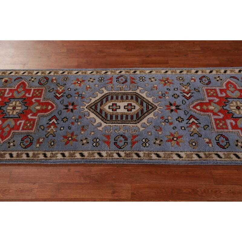 Hand Knotted Oriental 100% Wool Carpet Traditional Geometric Navy Blue & Blues Heriz (serapi) Runner Rug - 7' 6'' X 2' 7''