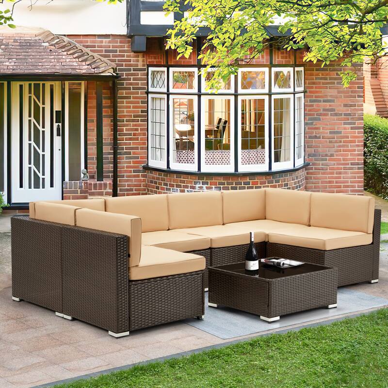 AECOJOY 7 Pieces Outdoor Sectional Sofa Wicker Rattan Conversation Set