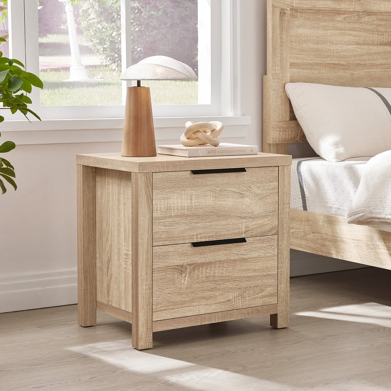 Spruce & Spring Scout Farmhouse Solid Wood Nightstand with 2 Drawers and Type-C, USB & 2 Power Outlets - Natural-Single