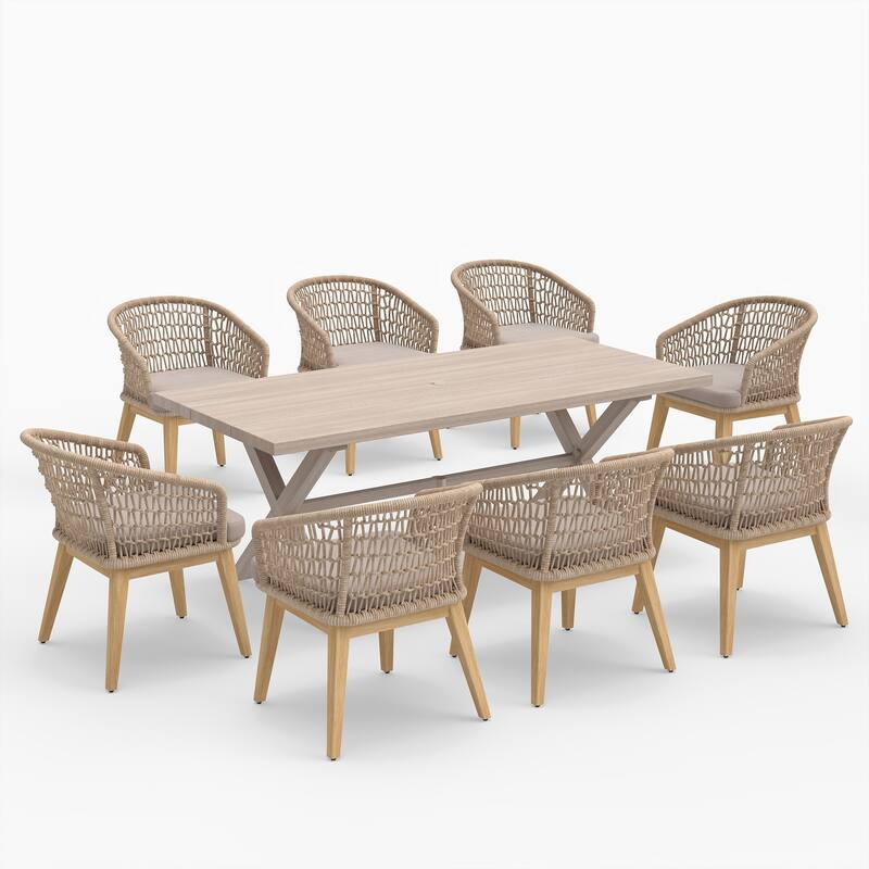 Acacia Wood & Aluminum Outdoor Dining Set - 8 Rope-Woven Chairs with X-Base Table & Umbrella Hole