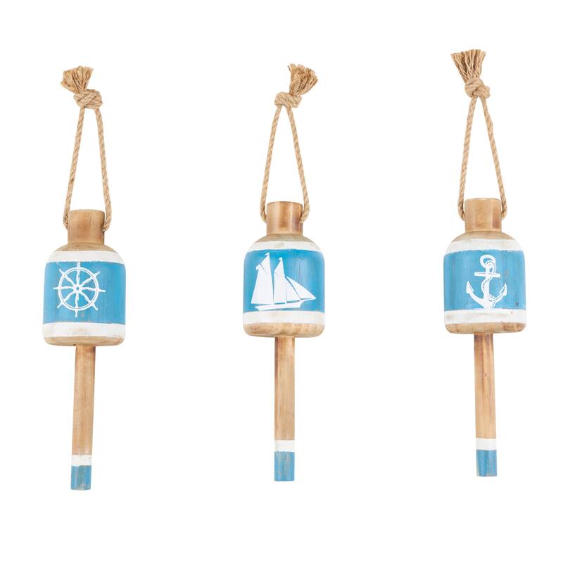 Blue Wood Anchor, Sailboat, and Ship Wheel Buoy Home Wall Decor with Hanging Rope (Set of 3)