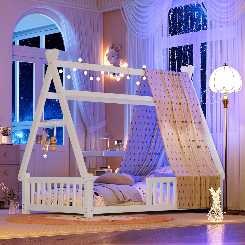 Twin Size Low House Tent Bed with Removable Roof Convertible Floor Bed with Fence, No Door for Kids Boys Girls