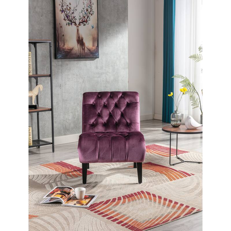 Modern velvet armless lounge chair with upholstered fabric solid wood legs for bedroom, living room, office - Purple