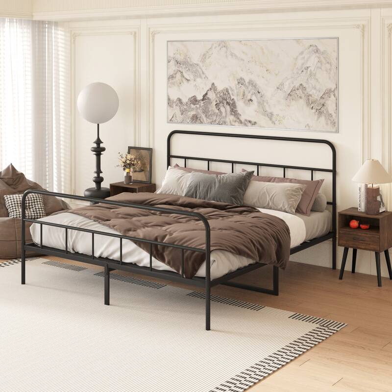 Modern Style Metal Platform Bed with Wave Shape Wooden Headboard for Bedroom