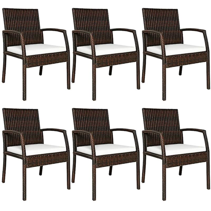 Costway Set of 6 Patio Rattan Dining Chairs Cushioned Sofa Armrest - See Details - Mix Brown+Off White - Set of 6 - See Details