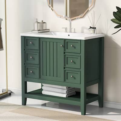 36 Inch Freestanding Bathroom Vanity Set with Drawers and Ceramic Sink