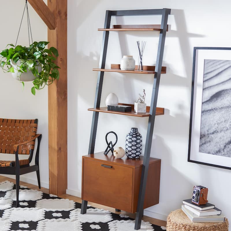 SAFAVIEH Ilianka Natural/Charcoal 3-Shelf 1 Door Etagere - 25" W x 15.4" L x 72" H - 25Wx15Dx72H