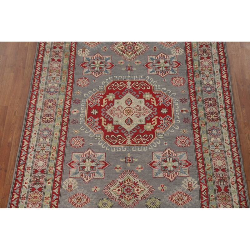 Gray Geometric Kazak Oriental Area Rug Handmade Wool Carpet - 5'7" x 7'11"