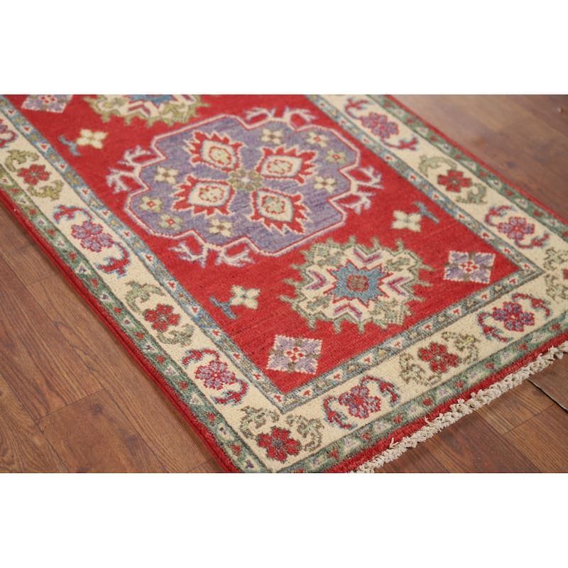 Hand Knotted Oriental 100% Wool Carpet Traditional Geometric Red Kazak Area Rug - 3' 1'' X 2' 1''