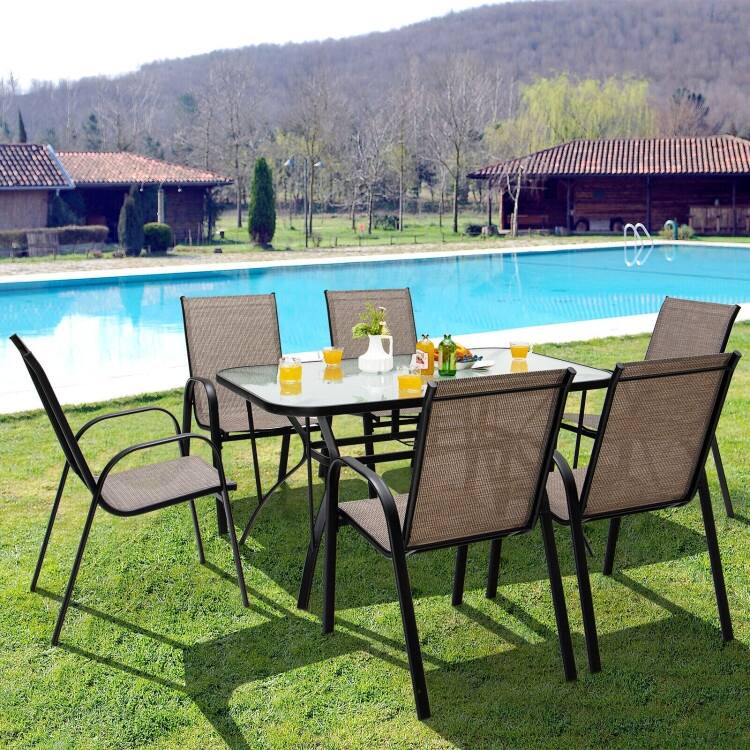 6 Pieces Patio Stackable Dining Chairs with Curved Armrests and Breathable Fabric - 25.5" x 21" x 36.5" (L x W x H)