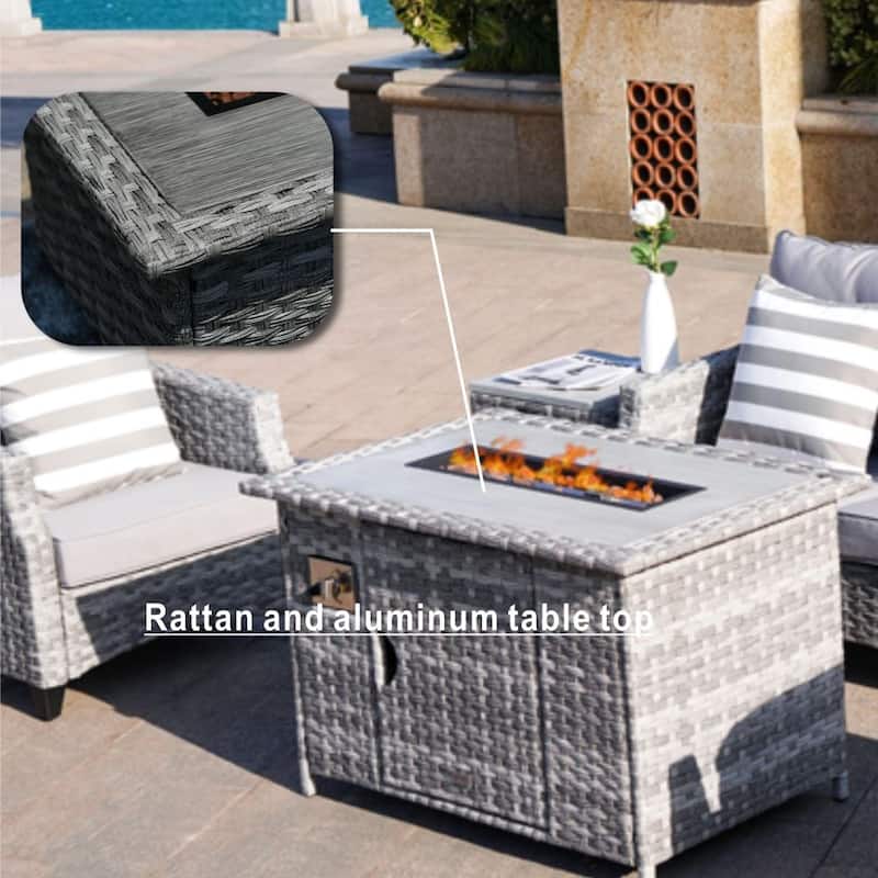 Braylee Loveseat Rattan Sofa Cushioned Set with Firepit Table