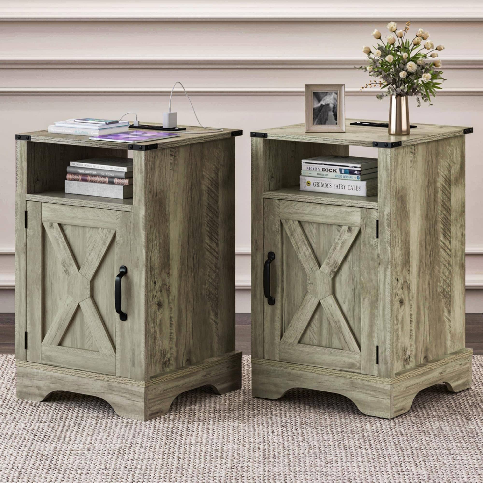 Farmhouse End Table with Charging Station Set of 2, Rustic Night Stand with Storage Cabinet and Shelf, Tall Wooden Bedside Table